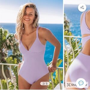 NWT Cupshe Lilac Ribbed V-Neck One Piece Swimsuit, Size Large